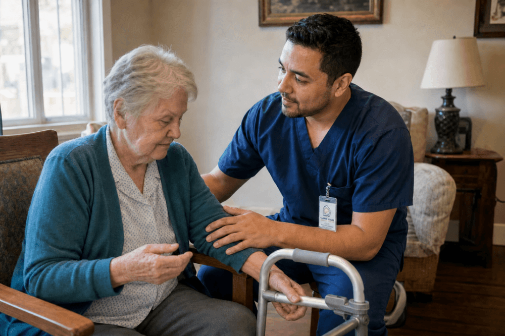 Caregiver supporting an older adult in a memory care setting